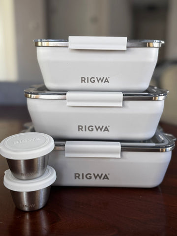 RIGWA Rex Trio Set, Includes 26 oz, 36 oz, & 46 oz Insulated Lunch Boxes, 2 Dressing Containers, Cool Grey