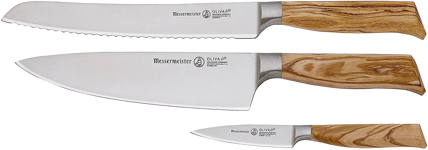 Messermeister E/6000-3T, Oliva Elite Professional 3 Piece German 8 Inch Chef, 9 inch Bread, and 3.5 Inch Paring, Knife Set