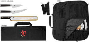 Shun Cutlery Classic 4-Piece BBQ Set; 4.5-inch Asian Multi-Prep Knife, 6-inch Boning/Fillet Knife, 12-inch Brisket Knife, 8-Slot Knife Roll